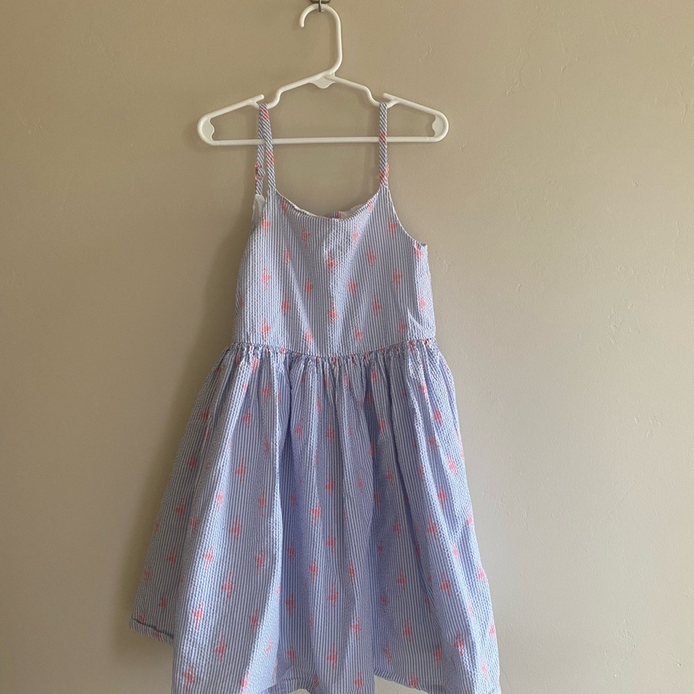 Gymboree Blue Seersucker Dress with Neon Pink Flamingos